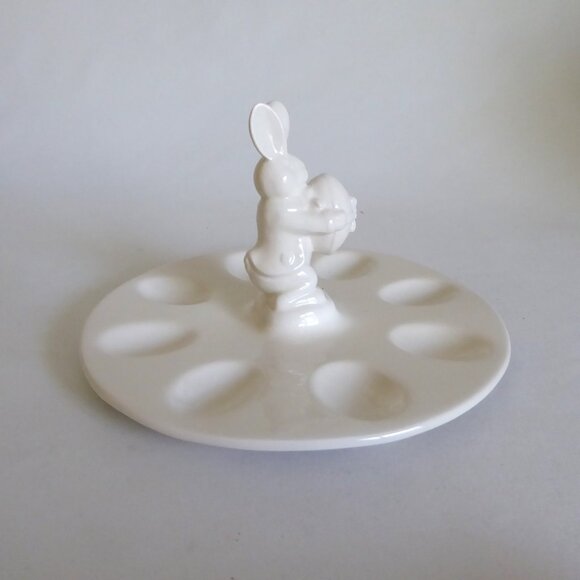 NEW VINTAGE CERAMIC EASTER BUNNY RABBIT WHITE DEVILED EGG SERVING DISH PLATE - Picture 3 of 13